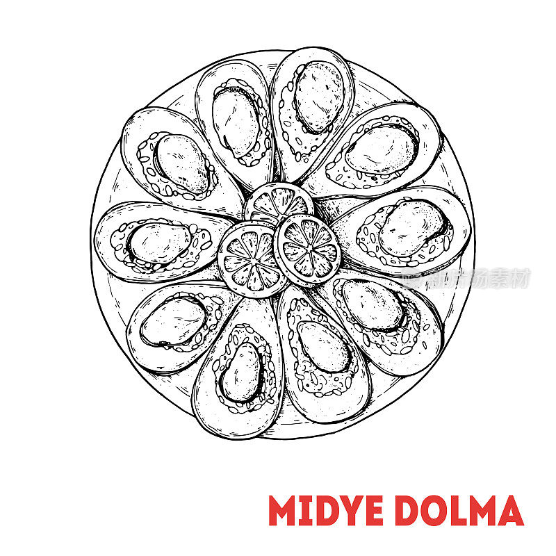 Midye Dolma素描，土耳其食物。手绘矢量插图。土耳其街头小吃。素描风格。前视图。复古矢量插图。